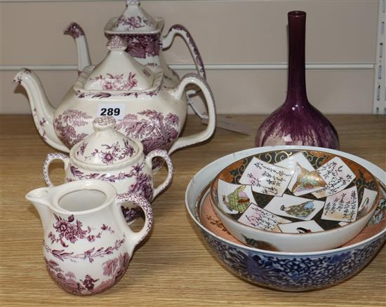 A 19th century Chinese blue and white bowl, a Masons Watteau pattern part teaset and a drizzle glaze bottle vase, Kutani dish & a stand